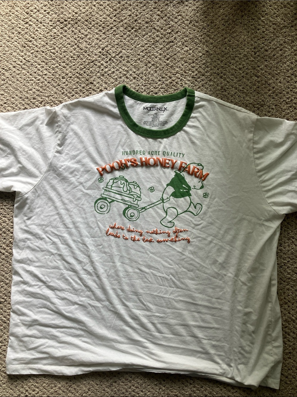 Modern Lux White Tee with Green Trim & Orange Graphic - Pooh's Honey Farm